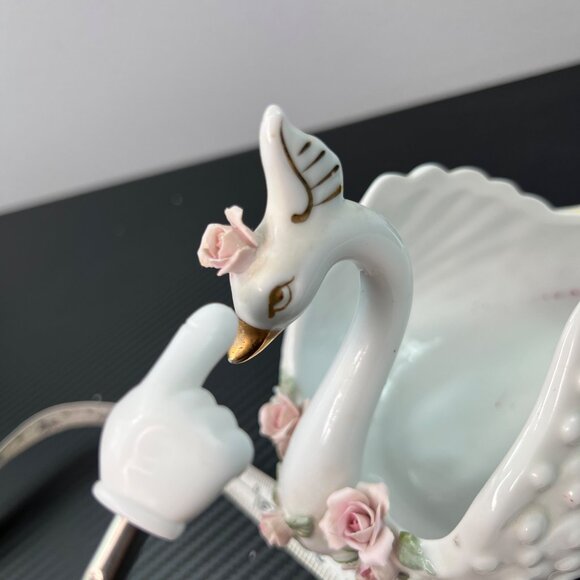 Vintage Lefton's Hobnailed Porcelain Roses Swan Trinket Dish Hand Painted 848 - Picture 7 of 10
